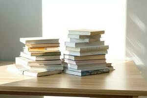 une livre pile proche en haut sur une étude bureau. de face vue pile livre. pour Festival de monde livre jour, nationale livre journée ou nationale éducation journée. empiler de coloré livres sur étude table par ai généré photo