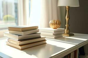 une livre pile proche en haut sur une étude bureau. de face vue pile livre. pour Festival de monde livre jour, nationale livre journée ou nationale éducation journée. empiler de coloré livres sur étude table par ai généré photo