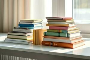 une livre pile proche en haut sur une étude bureau. de face vue pile livre. pour Festival de monde livre jour, nationale livre journée ou nationale éducation journée. empiler de coloré livres sur étude table par ai généré photo