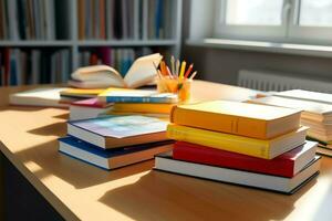 une livre pile proche en haut sur une étude bureau. de face vue pile livre. pour Festival de monde livre jour, nationale livre journée ou nationale éducation journée. empiler de coloré livres sur étude table par ai généré photo