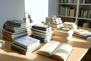 une livre pile proche en haut sur une étude bureau. de face vue pile livre. pour Festival de monde livre jour, nationale livre journée ou nationale éducation journée. empiler de coloré livres sur étude table par ai généré photo