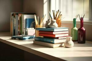 une livre pile proche en haut sur une étude bureau. de face vue pile livre. pour Festival de monde livre jour, nationale livre journée ou nationale éducation journée. empiler de coloré livres sur étude table par ai généré photo