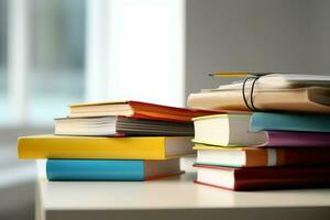 une livre pile proche en haut sur une étude bureau. de face vue pile livre. pour Festival de monde livre jour, nationale livre journée ou nationale éducation journée. empiler de coloré livres sur étude table par ai généré photo