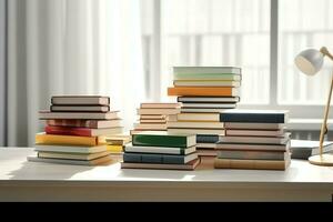 une livre pile proche en haut sur une étude bureau. de face vue pile livre. pour Festival de monde livre jour, nationale livre journée ou nationale éducation journée. empiler de coloré livres sur étude table par ai généré photo