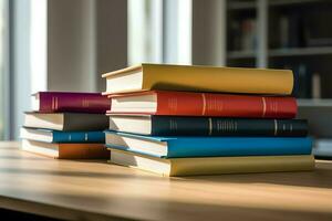 une livre pile proche en haut sur une étude bureau. de face vue pile livre. pour Festival de monde livre jour, nationale livre journée ou nationale éducation journée. empiler de coloré livres sur étude table par ai généré photo