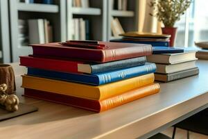 une livre pile proche en haut sur une étude bureau. de face vue pile livre. pour Festival de monde livre jour, nationale livre journée ou nationale éducation journée. empiler de coloré livres sur étude table par ai généré photo