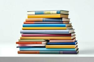 une livre pile proche en haut sur une tableau. de face vue pile livre. pour Festival de monde livre jour, nationale livre journée ou nationale éducation journée. empiler de coloré livres sur blanc Contexte par ai généré photo