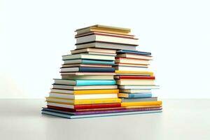 une livre pile proche en haut sur une tableau. de face vue pile livre. pour Festival de monde livre jour, nationale livre journée ou nationale éducation journée. empiler de coloré livres sur blanc Contexte par ai généré photo