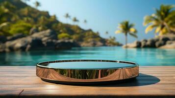 3d rendre vide luxe podium sur brouiller plage tropical Caraïbes Contexte. photo