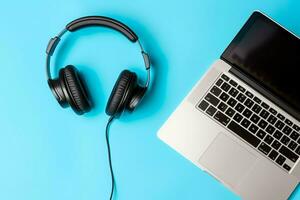 la musique ou Podcast Contexte avec électronique dispositifs, écouteurs, café et portable sur Bureau bureau concept par ai généré photo