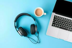 la musique ou Podcast Contexte avec électronique dispositifs, écouteurs, café et portable sur Bureau bureau concept par ai généré photo