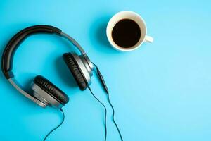 la musique ou Podcast Contexte avec électronique dispositifs, écouteurs, café et portable sur Bureau bureau concept par ai généré photo