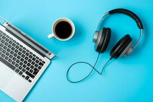 la musique ou Podcast Contexte avec électronique dispositifs, écouteurs, café et portable sur Bureau bureau concept par ai généré photo