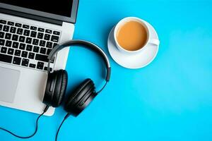 la musique ou Podcast Contexte avec électronique dispositifs, écouteurs, café et portable sur Bureau bureau concept par ai généré photo