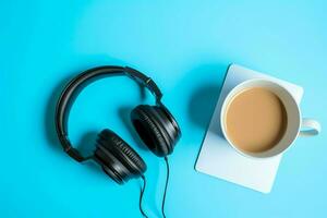 la musique ou Podcast Contexte avec électronique dispositifs, écouteurs, café et portable sur Bureau bureau concept par ai généré photo