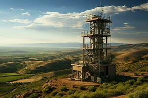 magnifique vue haute Tension électrique ou télécommunications antenne sans fil la tour avec vert champ concept par ai généré photo