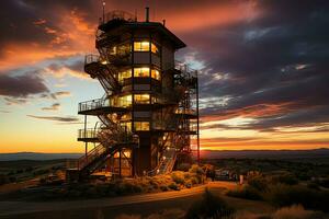 magnifique vue haute Tension électrique ou télécommunications antenne sans fil la tour avec vert champ concept par ai généré photo