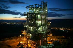 magnifique vue haute Tension électrique ou télécommunications antenne sans fil la tour avec vert champ concept par ai généré photo