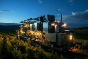 magnifique vue haute Tension électrique ou télécommunications antenne sans fil la tour avec vert champ concept par ai généré photo