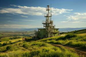 magnifique vue haute Tension électrique ou télécommunications antenne sans fil la tour avec vert champ concept par ai généré photo