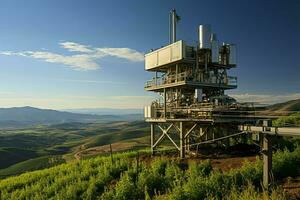 magnifique vue haute Tension électrique ou télécommunications antenne sans fil la tour avec vert champ concept par ai généré photo