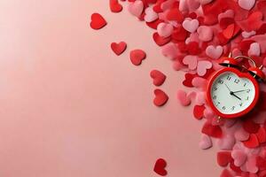 magnifique Valentin journée Contexte avec cadeau boîte, ruban, rouge cœurs, cadeaux, des roses et copie espace concept par ai généré photo