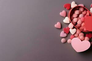 magnifique Valentin journée Contexte avec cadeau boîte, ruban, rouge cœurs, cadeaux, des roses et copie espace concept par ai généré photo