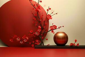 chinois Nouveau année Contexte avec traditionnel lanternes, Sakura fleurs et copie espace. lunaire Nouveau année concept par ai généré photo