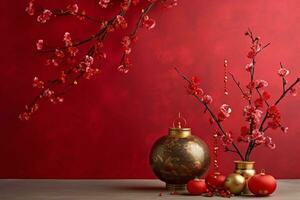 chinois Nouveau année Contexte avec traditionnel lanternes, Sakura fleurs et copie espace. lunaire Nouveau année concept par ai généré photo