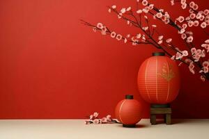 chinois Nouveau année Contexte avec traditionnel lanternes, Sakura fleurs et copie espace. lunaire Nouveau année concept par ai généré photo