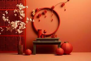 chinois Nouveau année Contexte avec traditionnel lanternes, Sakura fleurs et copie espace. lunaire Nouveau année concept par ai généré photo