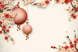 chinois Nouveau année Contexte avec traditionnel lanternes, Sakura fleurs et copie espace. lunaire Nouveau année concept par ai généré photo