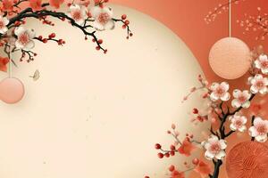 chinois Nouveau année Contexte avec traditionnel lanternes, Sakura fleurs et copie espace. lunaire Nouveau année concept par ai généré photo