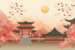 chinois Nouveau année Contexte avec traditionnel lanternes, Sakura fleurs et copie espace. lunaire Nouveau année concept par ai généré photo