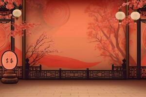 chinois Nouveau année Contexte avec traditionnel lanternes, Sakura fleurs et copie espace. lunaire Nouveau année concept par ai généré photo