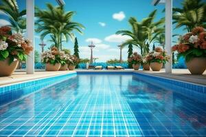 magnifique Extérieur nager bassin dans luxe Hôtel recours avec bleu ciel pour loisir se détendre et vacances concept par ai généré photo