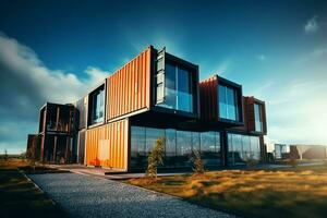 une récipient Accueil bâtiment sur une terrain de atterrir. 2 étage moderne récipient loger, café ou restaurant concept par ai généré photo