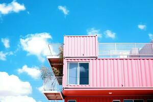 une récipient Accueil bâtiment sur une terrain de atterrir. 2 étage moderne récipient loger, café ou restaurant concept par ai généré photo