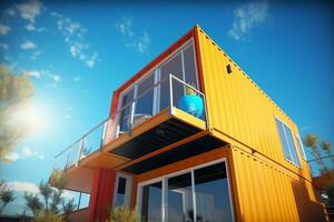 une récipient Accueil bâtiment sur une terrain de atterrir. 2 étage moderne récipient loger, café ou restaurant concept par ai généré photo