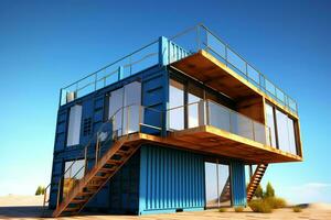 une récipient Accueil bâtiment sur une terrain de atterrir. 2 étage moderne récipient loger, café ou restaurant concept par ai généré photo