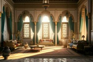 très luxueux pièce et grand avec des murs décoré avec marocain mosaïque. pièce dans traditionnel islamique concept par ai généré photo