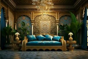 très luxueux pièce et grand avec des murs décoré avec marocain mosaïque. pièce dans traditionnel islamique concept par ai généré photo