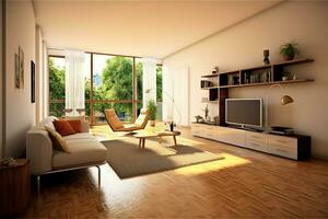 moderne appartement intérieur dans vivant conception avec travail table et étagère à livres. luxe Accueil scandinave concept par ai généré photo