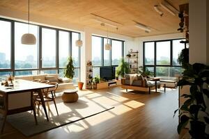 moderne appartement intérieur dans vivant conception avec travail table et étagère à livres. luxe Accueil scandinave concept par ai généré photo