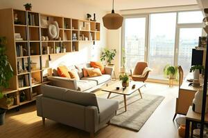 moderne appartement intérieur dans vivant conception avec travail table et étagère à livres. luxe Accueil scandinave concept par ai généré photo