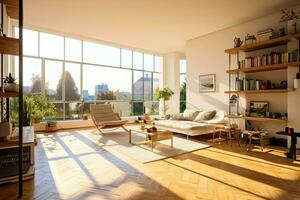 moderne appartement intérieur dans vivant conception avec travail table et étagère à livres. luxe Accueil scandinave concept par ai généré photo