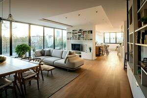 moderne appartement intérieur dans vivant conception avec travail table et étagère à livres. luxe Accueil scandinave concept par ai généré photo