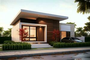 magnifique moderne maison extérieur avec carport. moderne Résidentiel district et minimaliste bâtiment concept par ai généré photo