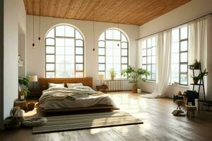 moderne chambre intérieur conception dans appartement ou maison avec meubles. luxe chambre scandinave concept par ai généré photo