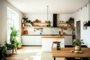 moderne cuisine intérieur conception dans appartement ou maison avec meubles. luxe cuisine Accueil scandinave concept par ai généré photo